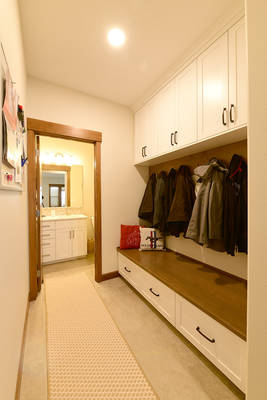 Mud room custom bench seat and Half bath