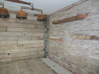Dinning room wood and brick feature walls