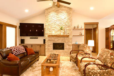 Livingroom fireplace and offset TV