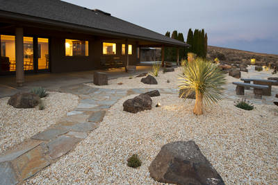 Low water landscape with paver pathways