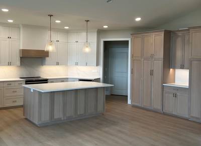 White & Oak Kitchen with Island and Beverage station Pantry 