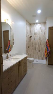 Deep Base cabinets with full height tiled shower