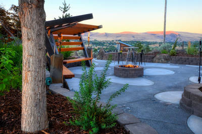 Trellis benches and Firepit, concrete walkways
