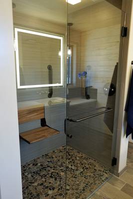 Shower seat with Shiplap wall